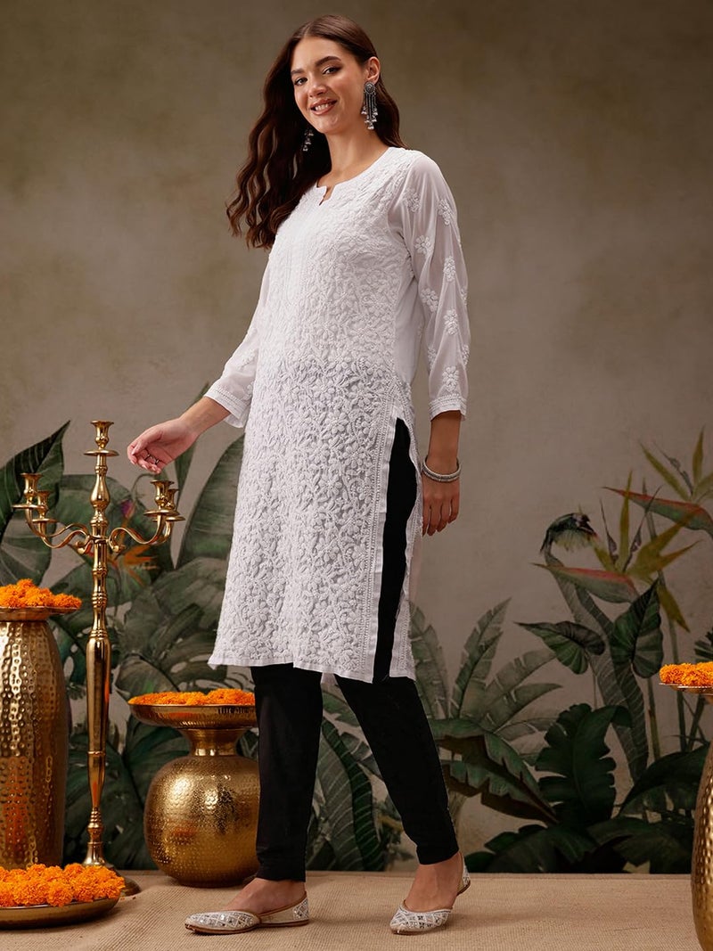 Ada Hand Embroidered Indian Chikankari Kurta Kurti Faux Georgette Tunic for Women XL95485_White - Image 4
